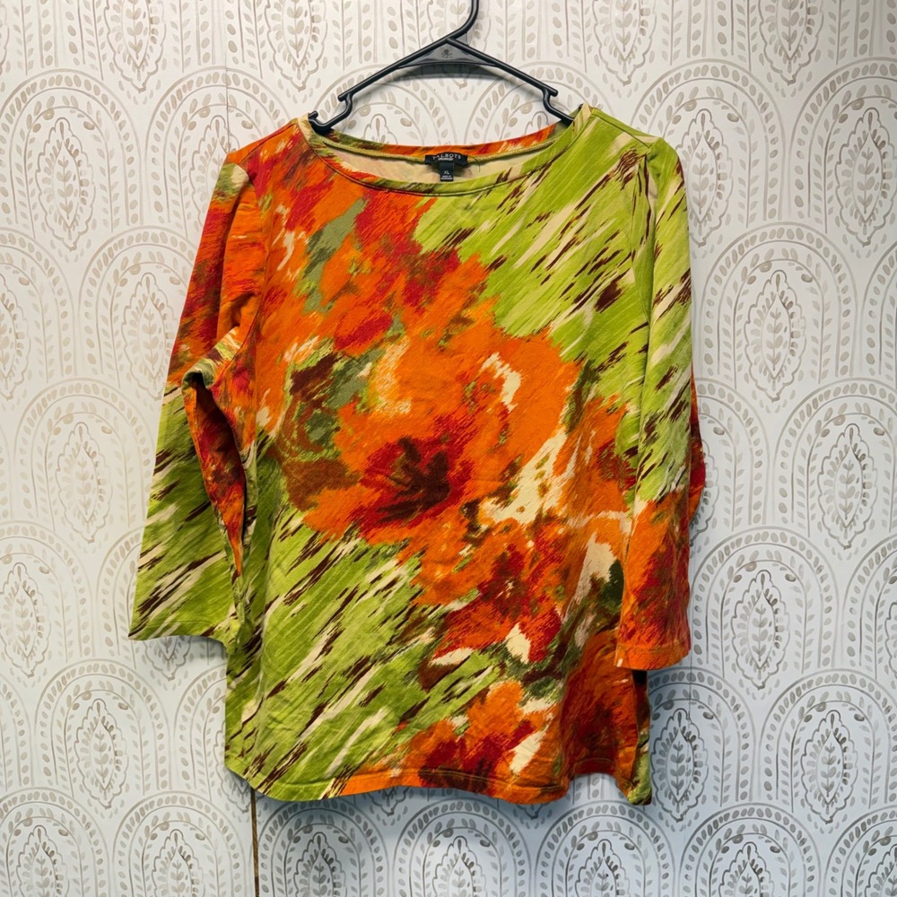 Talbots Knit Top Women XL Orange Green Abstract Floral 3/4 Sleeve Tee